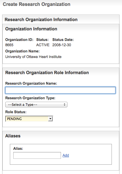 Create Research Organization page