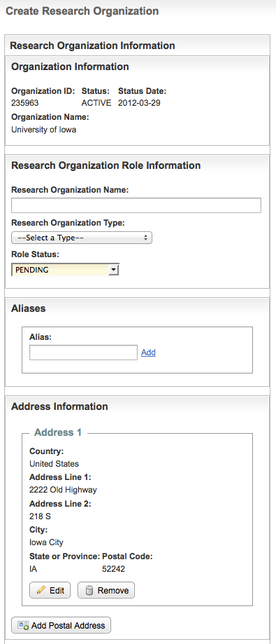 Create Research Organization page with address information