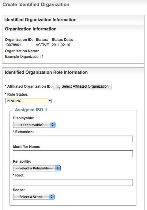 Create Identified Organization page