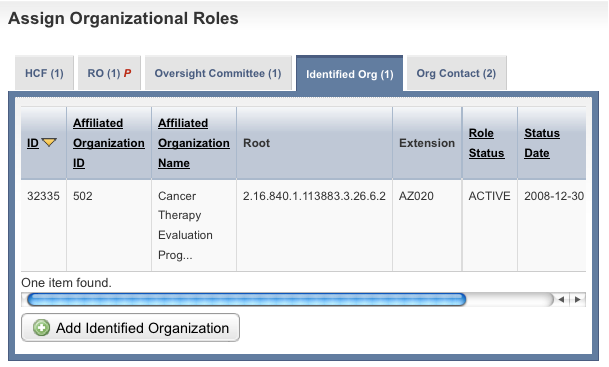 Identified Org (Identified Organization) tab of the Assign Organizational Roles section 