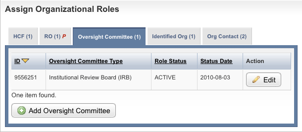 Oversight Committee tab of the Assign Organizational Roles section