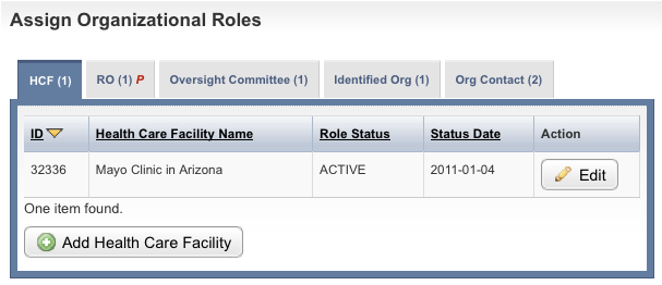 HCF (Health Care Facility) tab of the Assign Organizational Roles section 