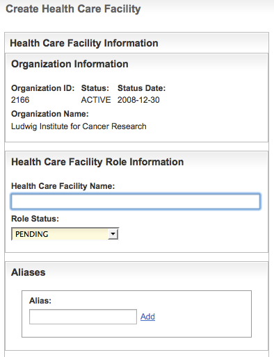 Top portion of the Create Health Care Facility page