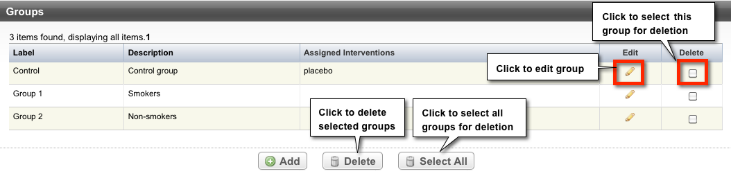 Groups page annotated to indicate features