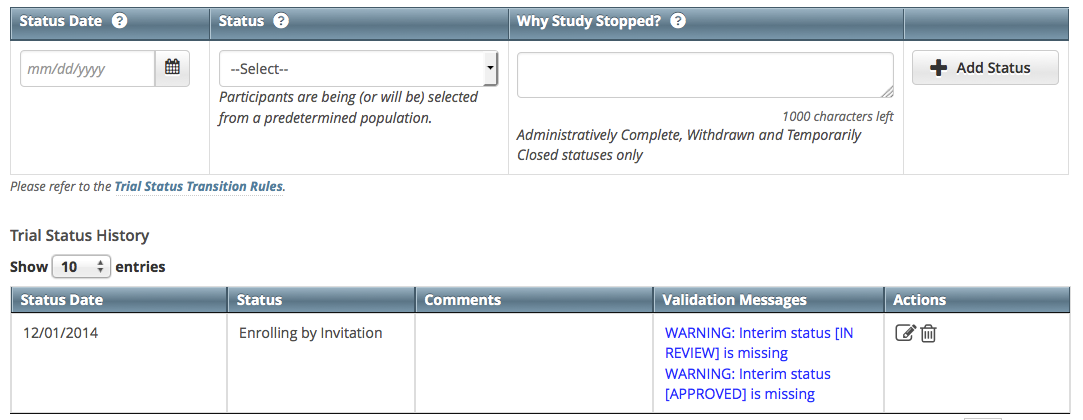 Trial Status section with status entry and warnings