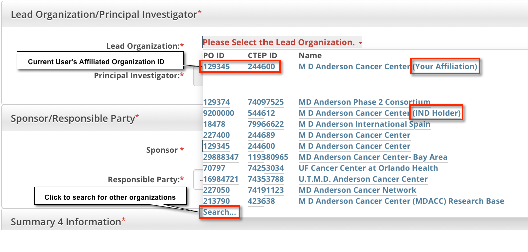 Lead Organization Principal Investigator section of Register Trial page, annotated