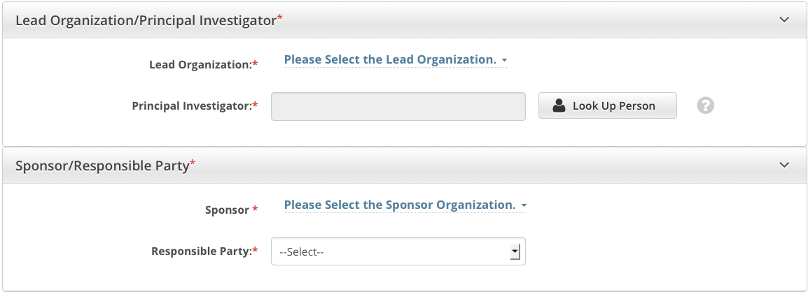 Lead Organization Principal Investigator section of Register Trial page