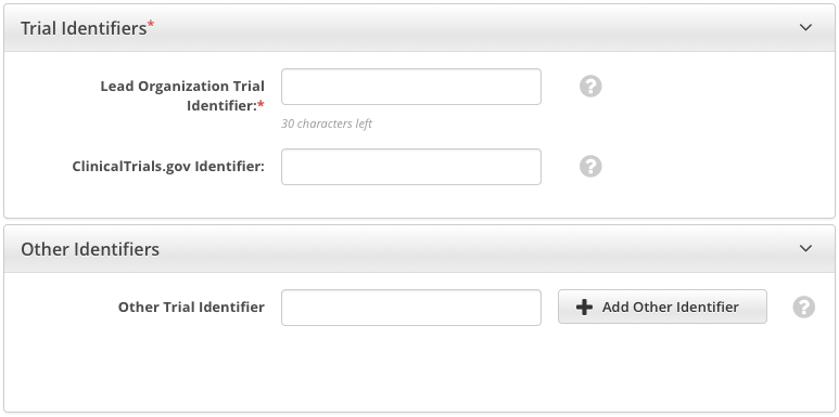 Trial Identifiers section of Register Trial page