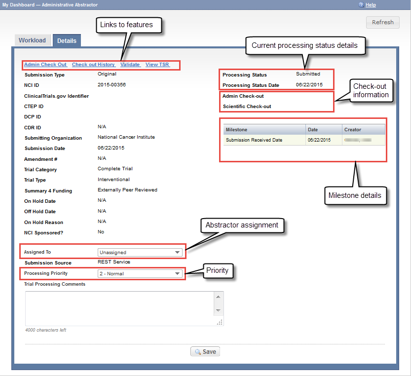 Details page in the Administrative Abstractor's Dashboard, with annotations highlighting features