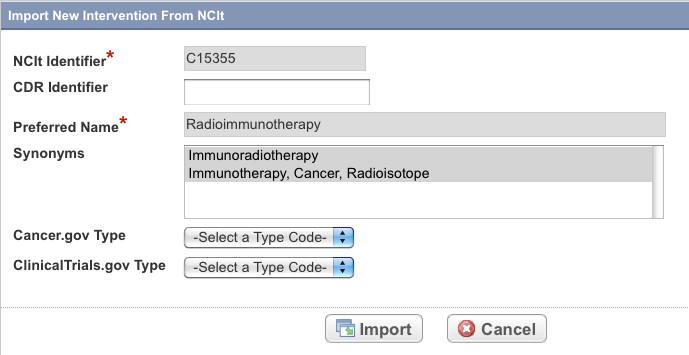 Import New Intervention from NCIt page with data from NCIt