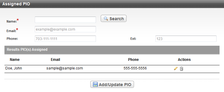 PIO Contact section with a contact assigned