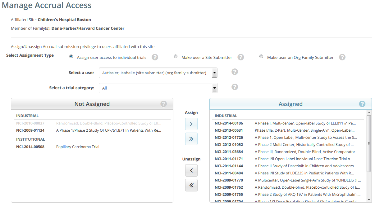 Manage Accrual Access page listing trials that have been (and have not been) assigned to a user