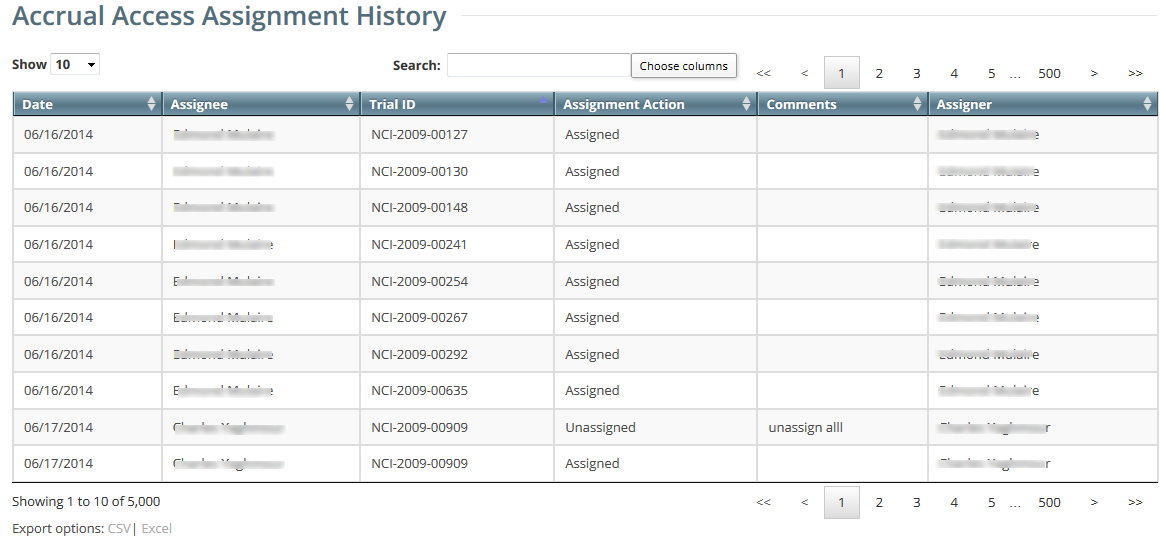 Accrual Access Assignment History page