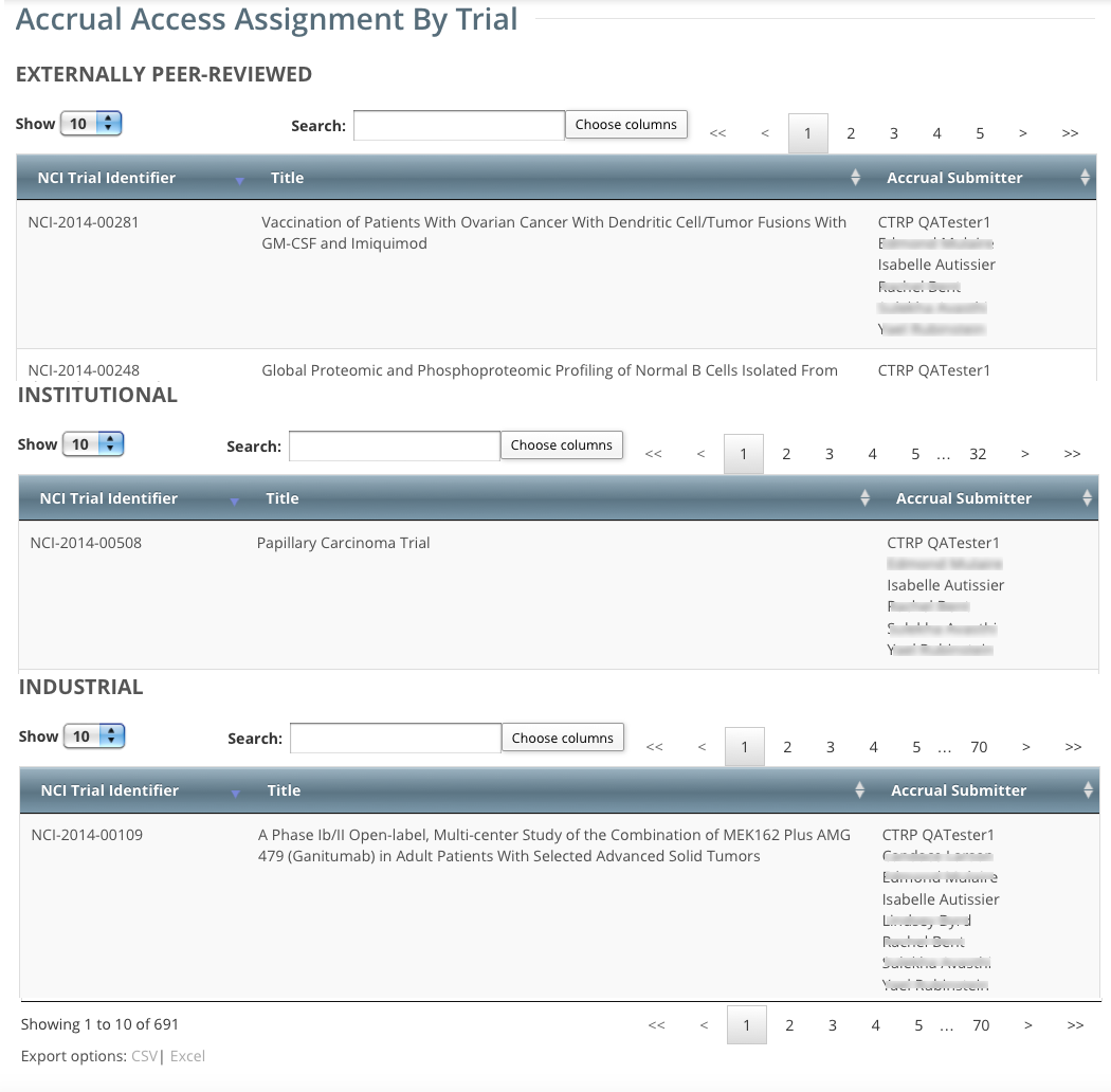 Accrual Access Assignment by Trial page showing trials grouped by trial category