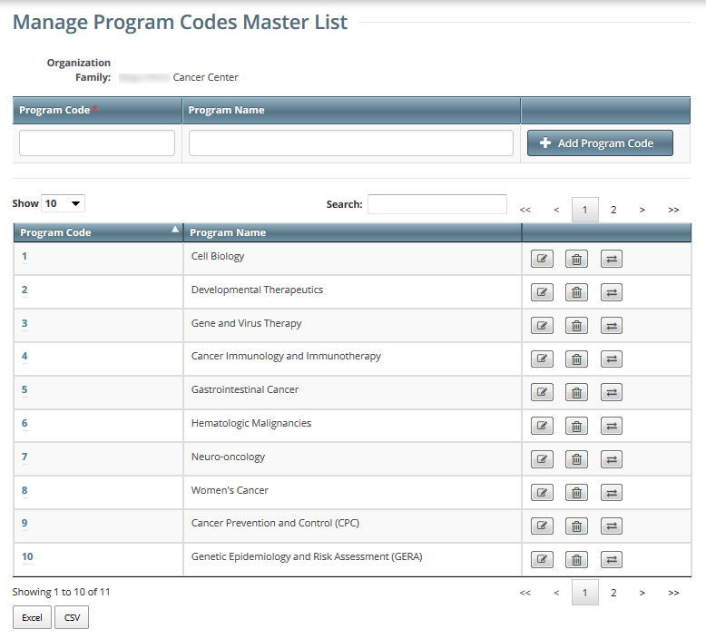 The Manage Program Codes Master List page