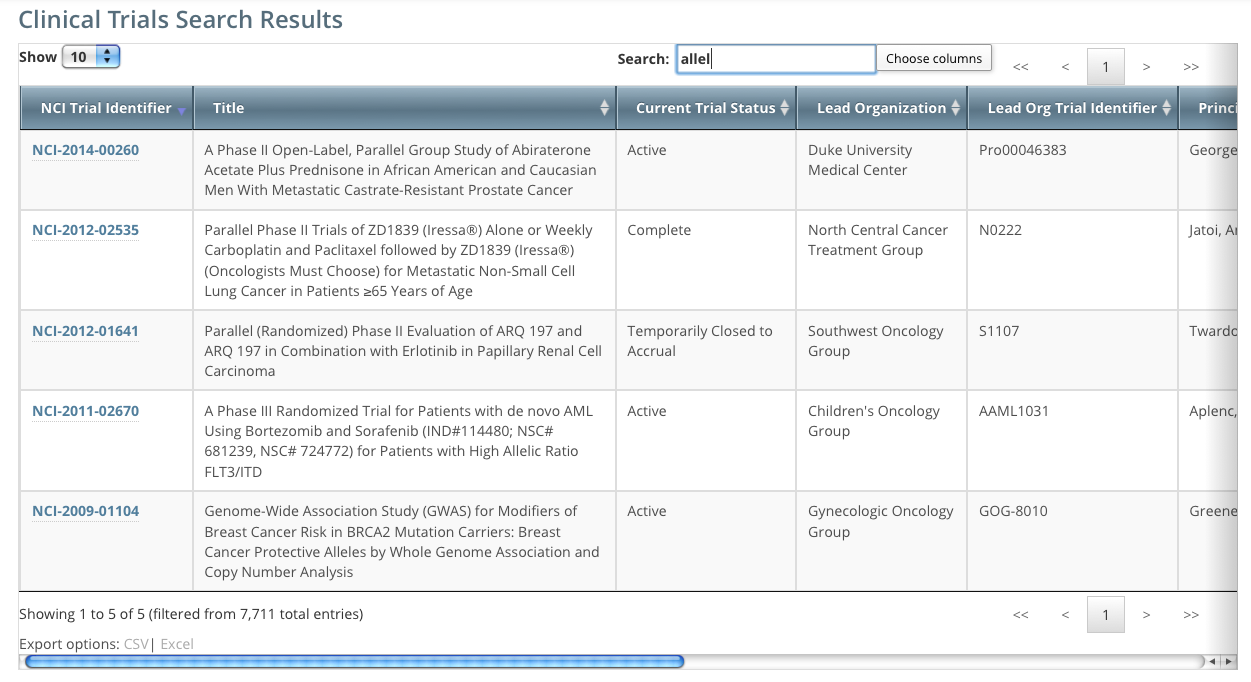 Clinical Trials Search Results page