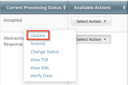 In the Available Actions column, Select Action menu showing the Update option
