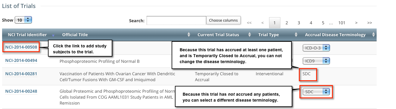 List of Trials section of Trial Search page, annotated to show identifier link and terminology options