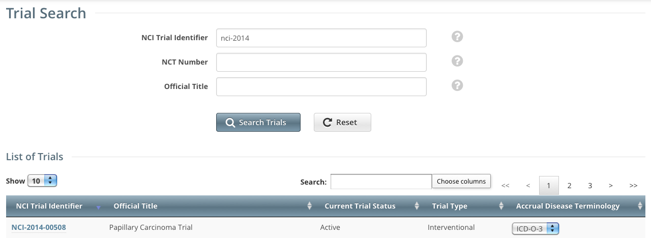 Trial Search page showing 1 resulting record