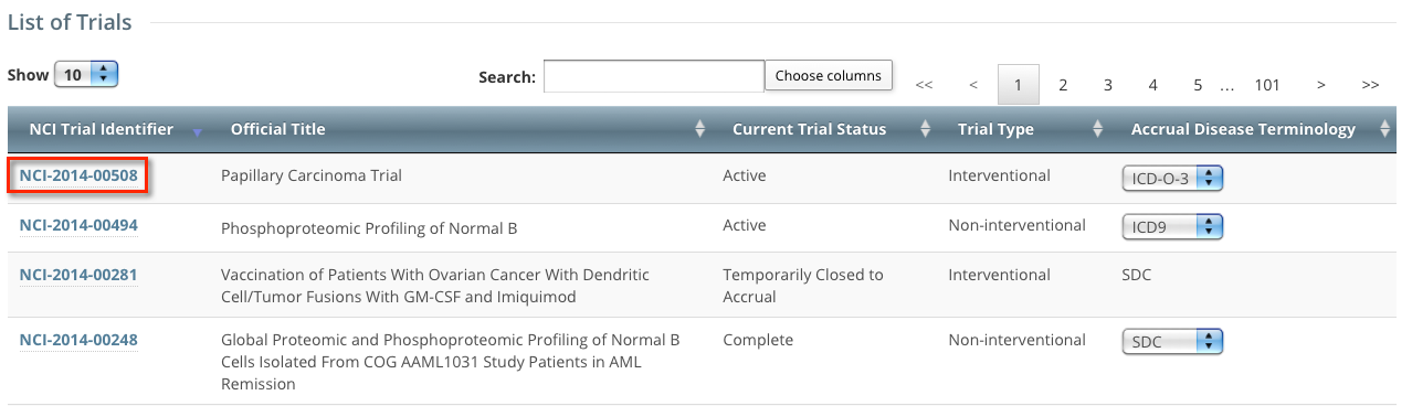 List of Trials section of Trial Search page, annotated to show identifier link