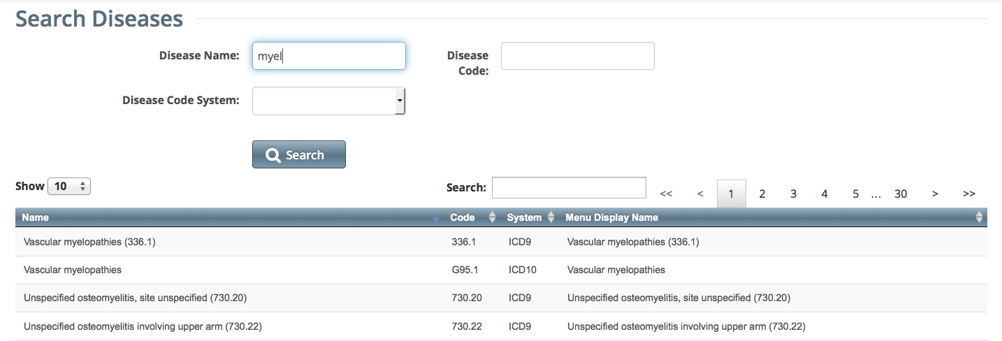 Search Diseases page with list of disease search results