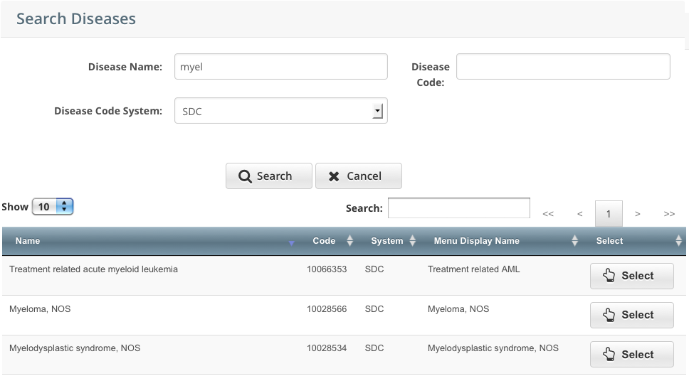 Search Diseases page with list of disease search results