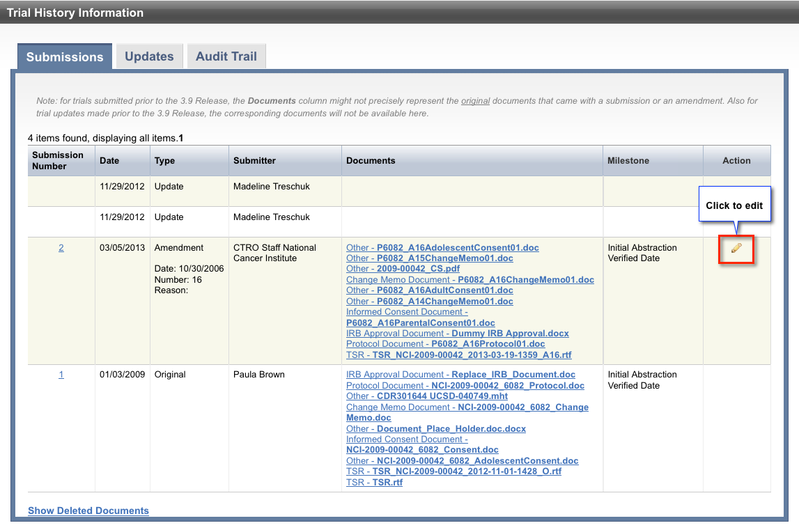 Submissions tab of the Trial History Information page