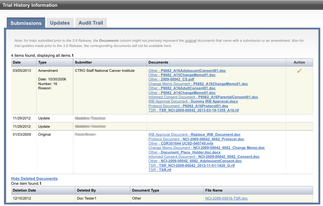 Submissions tab of the Trial History Information page with deleted documents shown