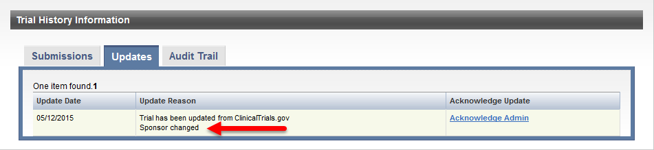 Updates tab of Trial History Information page with update as a result of ClinicalTrials.gov import