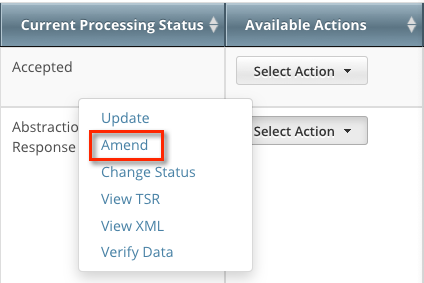 In the Available Actions column, Select Action menu showing the Amend option