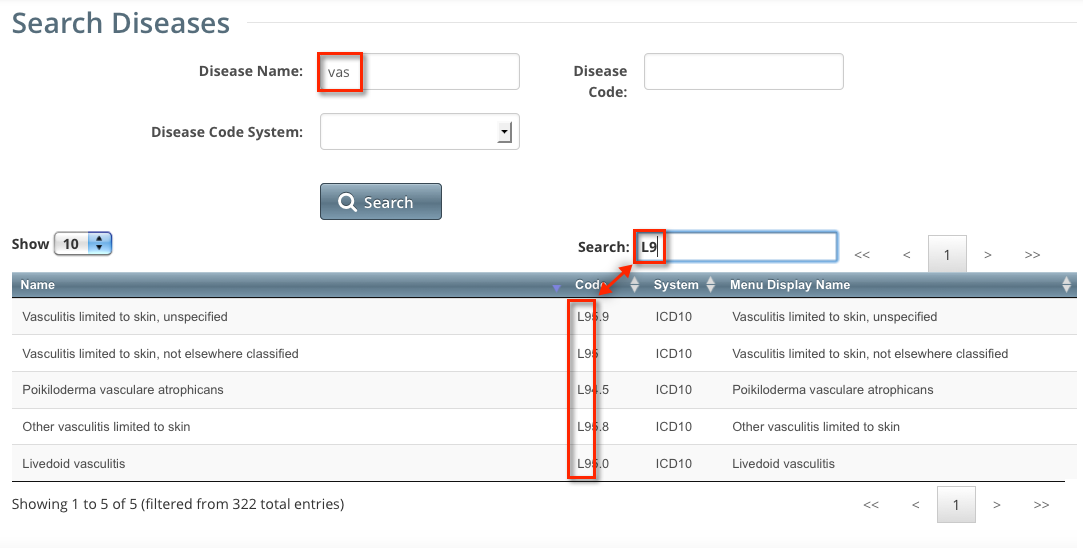 Search Diseases page with results filtered to show a subset of the results list