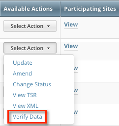 In the Available Actions column, Select Action menu showing the Verify Data option