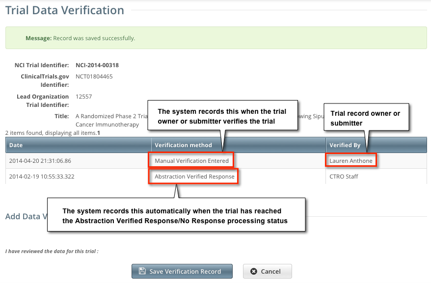Trial Data Verification page with verification recorded by user 