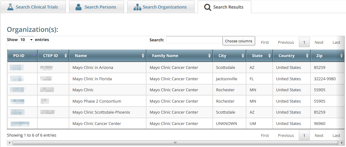 Search Results tab with a list of organizations