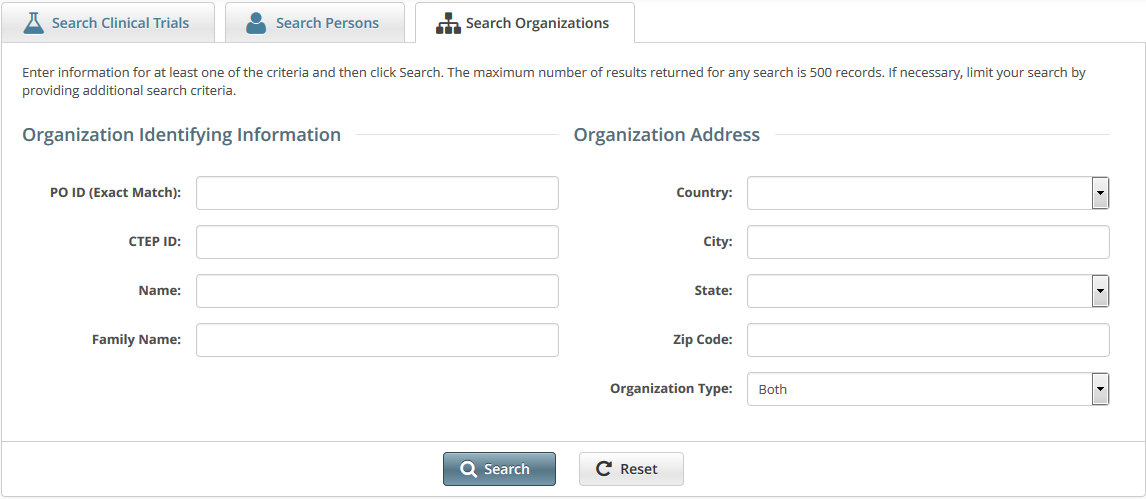 Search Organizations tab