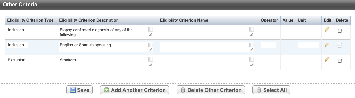 Other Criteria section of Eligibility Criteria page