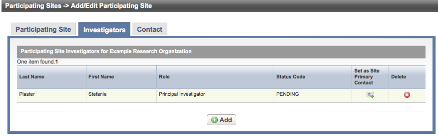 Investigators tab of the Add Edit Participating Site page, for a Complete trial