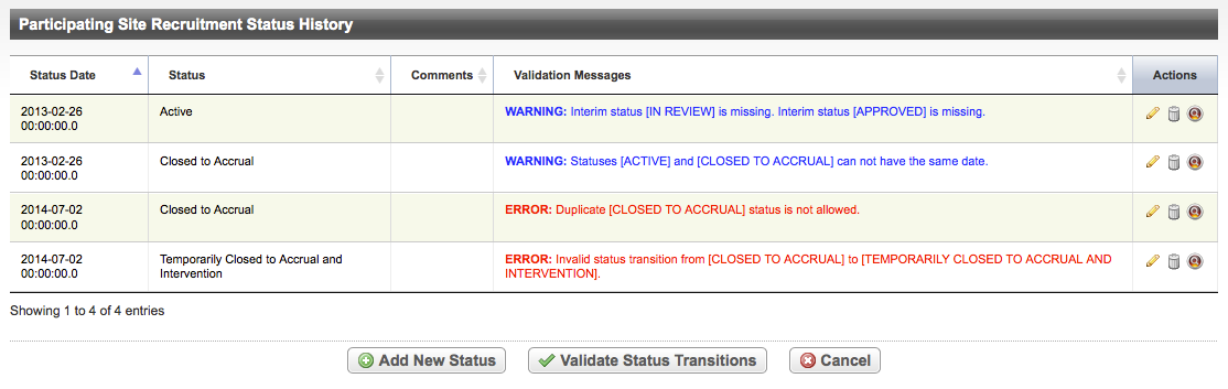 Participating Site Recruitment Status History dialog box showing errors and warnings