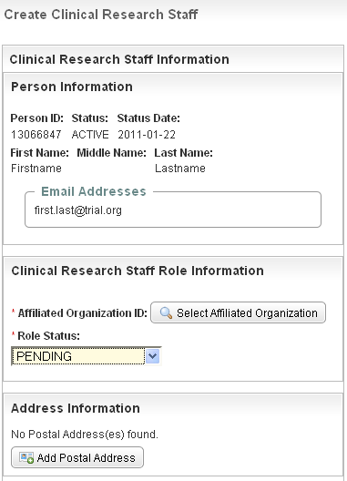 Top portion of Create Clinical Research Staff page