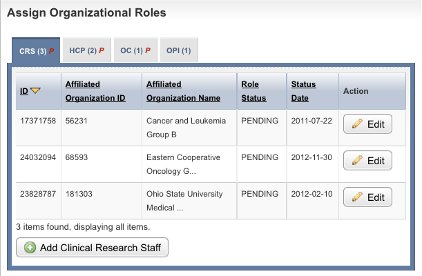 CRS (Clinical Research Staffs) tab of the Assign Organizational Roles section