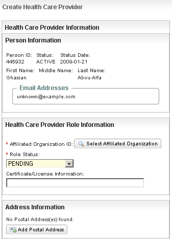 Top portion of the Create Health Care Provider page