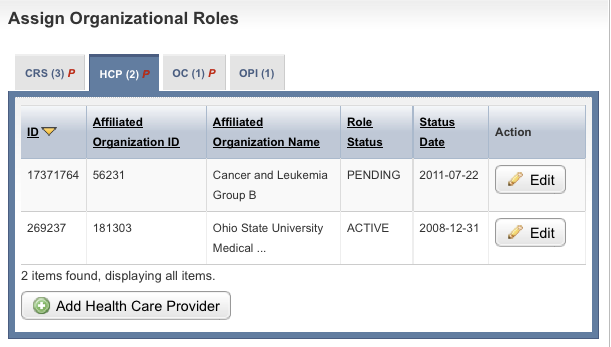 HCP (Health Care Provider) tab of the Assign Organizational Roles section