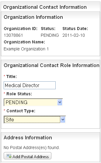 Top portion of the Create Organizational Contact page