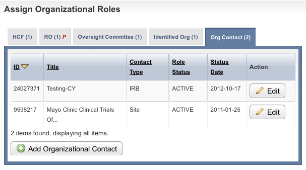 OC (Organizational Contact) tab of the Assign Organizational Roles section