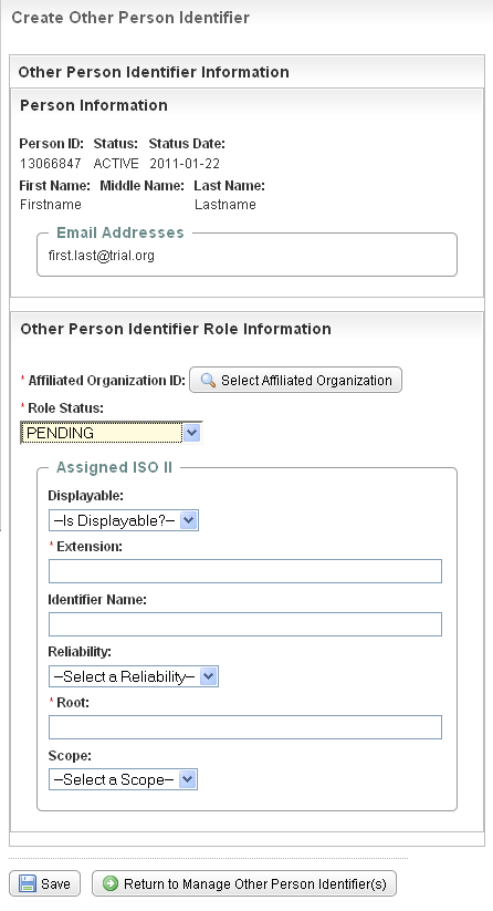 Create Other Person Identifier page