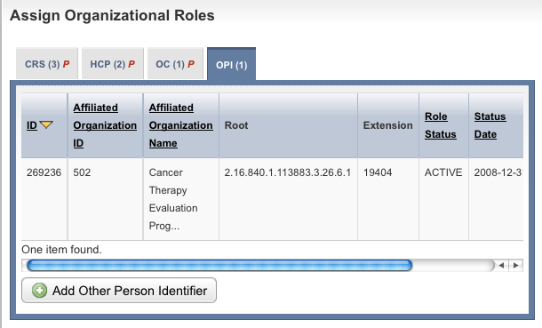 OPI (Other Person Identifiers) tab of the Assign Organizational Roles section