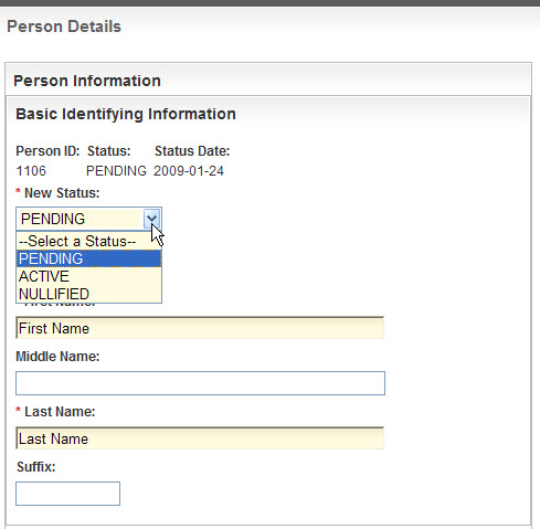 Basic Identifying Information section of the Person Details page, with list of statuses