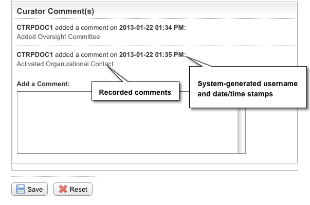Curator's Comment(s) section annotated to indicate system-generated and user-generated elements