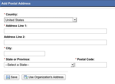 Add Postal Address dialog box with Use Organization's Address button