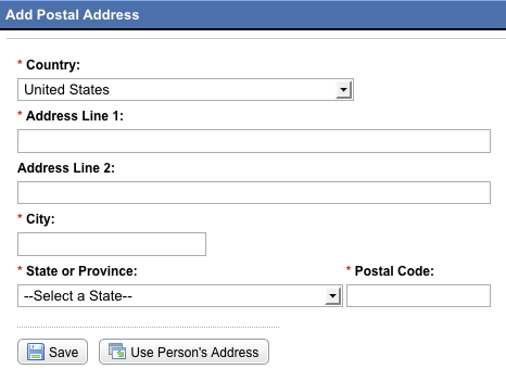 Add Postal Address dialog box with Use Person's Address button